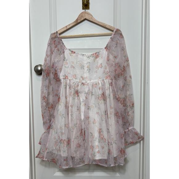 Floral Chiffon Mini Dress Pink White Puff Sleeve Babydoll Cottagecore M - Picture 13 of 16